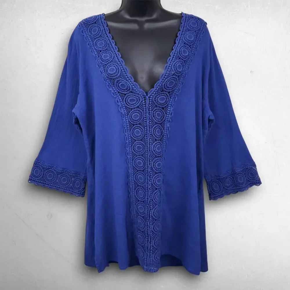 La Blanca Island Fare Crochet Coverup Tunic Women XL Blue Deep V-neck 3/4 Sleeve - Picture 2 of 6